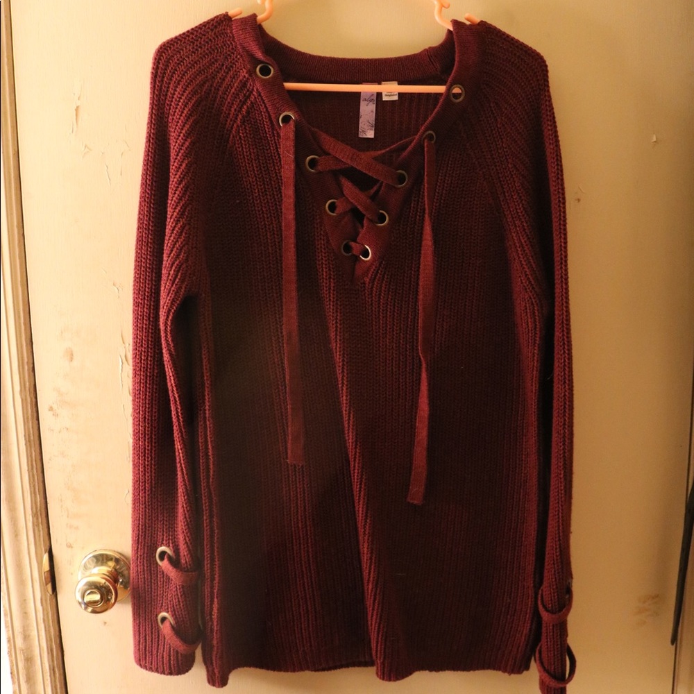 Burgundy Lace up Sweater